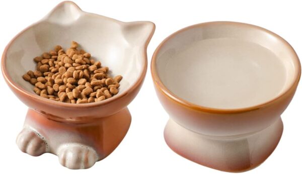 Nihow Elevated Cat/Dog Bowls Set : 5 Inch Ceramic Raised Cat Food & Water Bowl Set for Protecting Pet's Spine - Feeding & Watering Supplies for Pets - Elegant Brown (2 PC)