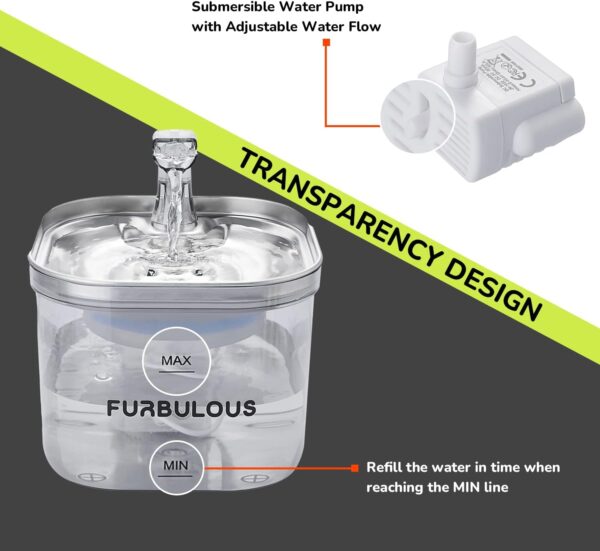 FURBULOUS Pet Fountain 68oz/2L Automatic Cat Water Fountain Water Dispenser for Multiple Pets 3-Speed Adjustable Silent Water Pump 304 Stainless Steel Drinking Tray Translucent Water Tank… - Image 5