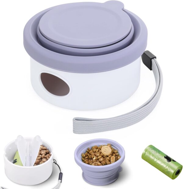 3 in 1 Design Dog Travel Feeding Bowl,Treat Container with Collapse Bowl&Dog Poop Bag Holder,Foldable Feeding Watering Dish for Traveling Camping Walking with 2 Poop Bags 2pc (Blue-Violet——Teal) - Image 3