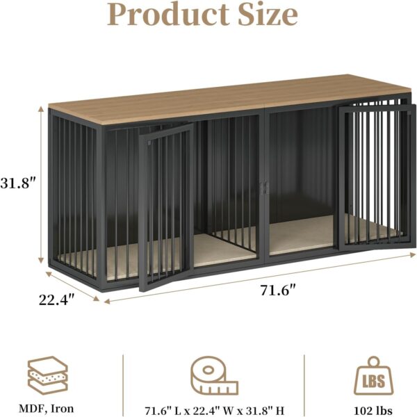 Large Dog Crate Furniture for 2 Dogs, 71.6'' Steel Frame Dog Crate with Double Doors, Heavy Sturdy Dog Kennel for Small Medium Large Dog, Indoor Double Dog Cage (Black) - Image 7