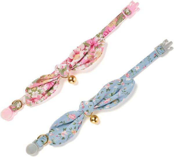 Cotton Bowtie Cat Collar with Bell 2 Pack Stylish Floral Breakaway Kitten Collars with Removeable Knot Bow,Blue & Pink - Image 4