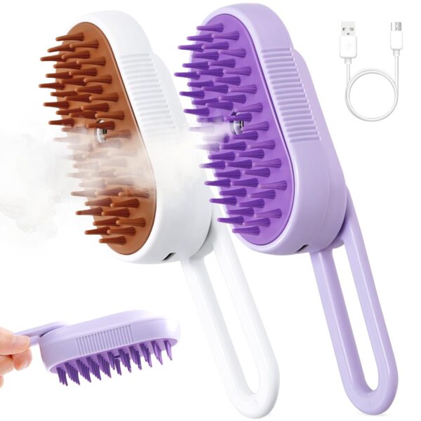 2 Pcs Cat Steam Brush Set-3 in 1 Steamy Cat Brush with Swivel Handle, Rechargeable Steamy Pet Brush Cat Grooming Brush, Spray Cat Steamer Brush for Massage, Pet Hair Removal Comb(White/Purple)