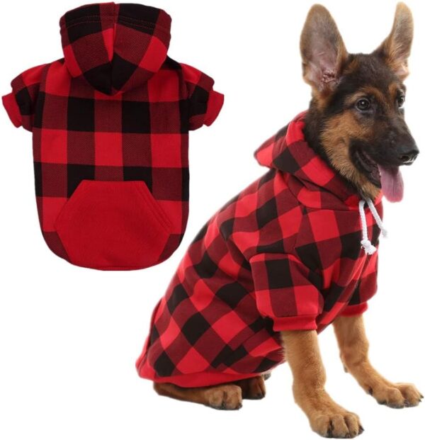 KOOLTAIL Plaid Dog Hoodie Pet Clothes Sweater with Hat and Pocket for Small Medium Large Size Dogs, Soft Winter Warm Dog Cold Weather Coat, Fleece Fall Dog Hooded Sweatshirt for Puppy Cats, Red XL