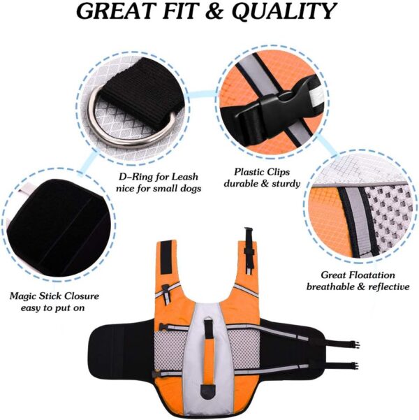 Dog Life Jacket Swimming Vest Lightweight High Reflective Pet Lifesaver with Lift Handle, Leash Ring Orange,L - Image 2