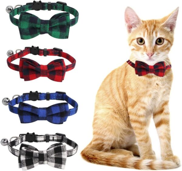 SLSON 4 Pack Cat Collars Breakaway with Bell Cat Collars with Cute Bowtie for Pet Kitten Cats and Small Dogs Pets Adjustable from 8-11In (Plaid)