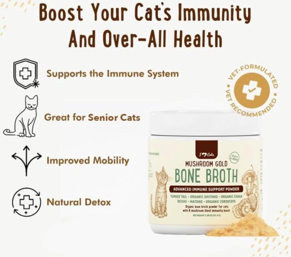 iHeartCats Bone Broth for Cats - Bone Broth & Mushroom Gold Powder Supplement for Immune System Support, Improved Mobility & Flexibility and Natural Detox - Turkey Tail Mushroom for Cats - Image 4