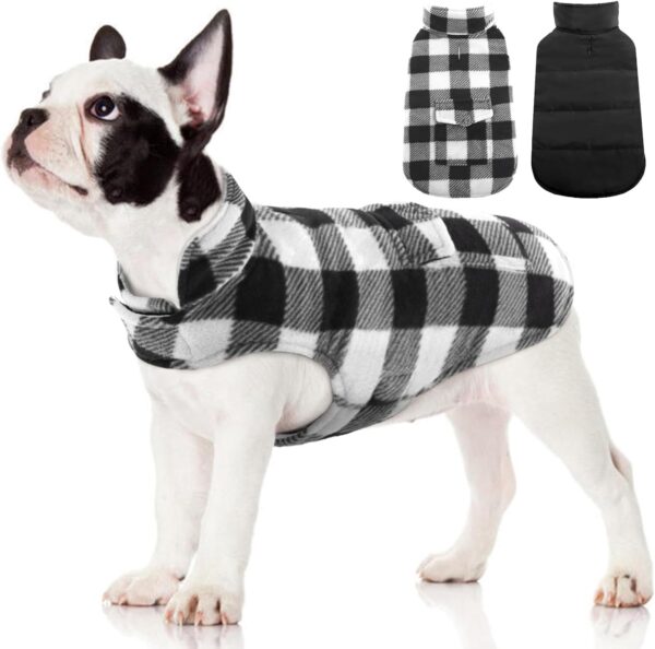 Kuoser Dog Winter Coat, Windproof Dog Fleece Jacket British Style Plaid Cold Weather Dog Vest Coats, Reversible Cozy Warm Dog Clothes Pet Apparel for Small Dogs XS