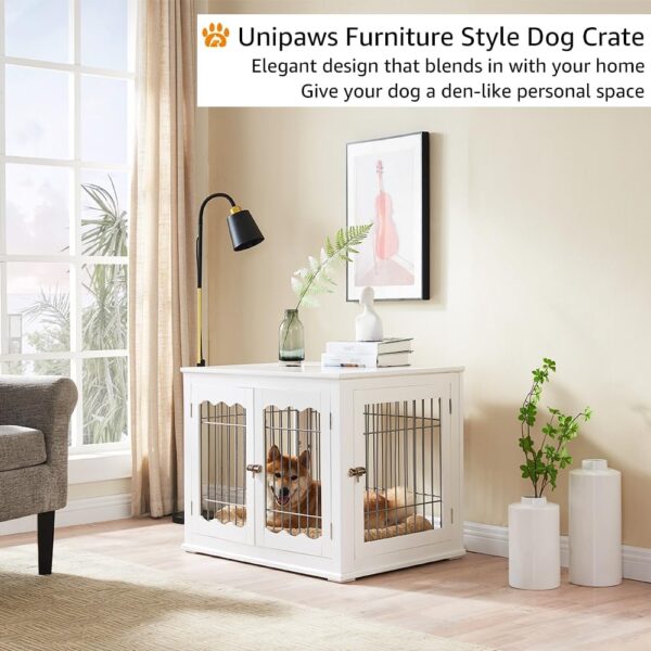 unipaws Furniture Style White Dog Crate for Medium Dogs, Indoor Aesthetic Puppy Kennel, Modern Decorative Wood Wire Pet House Dog Cage, Pretty Cute End Side Table Nightstand… - Image 3