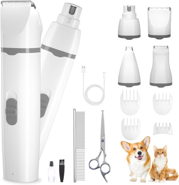 Dog Grooming Kit Clippers with Nail Grinder, 4 in 1 Low Noise Cordless Electric Paw Trimmer, Scissor Comb Bundle for Small Dogs Cat, USB Rechargeable Hair Clippers for Eyes, Ears, Face Matted