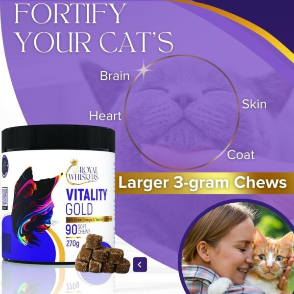 Vitality Gold: Feline Health Chews - Omega 3,Taurine,CoQ10, & Biotin Rich - Vet-Formulated for Cell,Heart,Brain, Vision Wellness - 90 (3g) Chews, Made in USA - Image 4