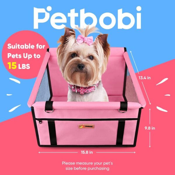 Petbobi Pet Reinforce Car Booster Seat for Dog Cat Portable and Breathable Bag with Seat Belt Dog Carrier Safety Stable for Travel Look Out,with Clip on Leash with PVC Tube, Pink - Image 2