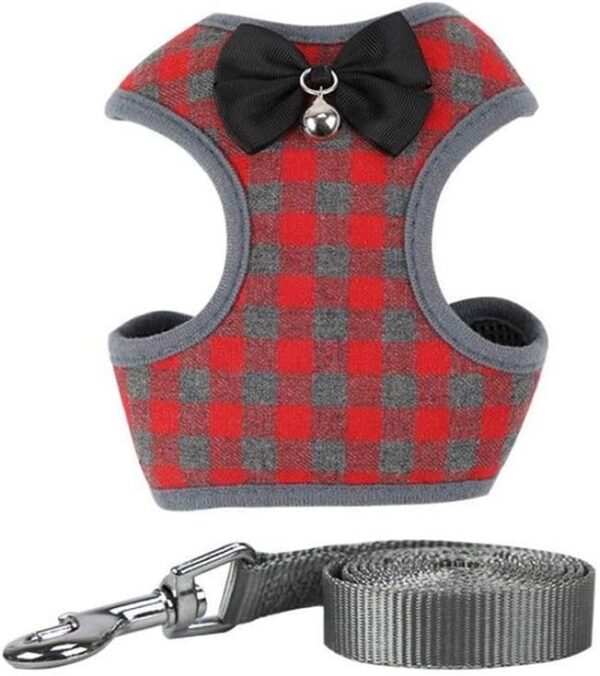 Dog Harness and Leash Set, Soft Mesh No Pull Dog Cat Harness Vest with Bowtie Bell for Small Dogs Puppy and Cats Outdoor Training and Running Classic Plaid Pattern (Large(13.7"-19.6"), Red Plaid)