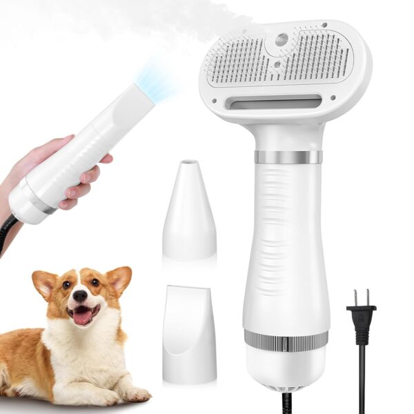 Pet Hair Dryer, Spray Cat Brush for Shedding, 4 in 1 Cat Steam Comb & Dog Blow Dryer with Water Tank and Release Button, 3 Heat Settings, Pet Grooming Brush for Home, Pet Washing Station,White