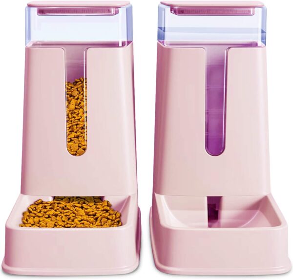 Automatic Cat Feeder and Dog Water Dispenser Set, 1 Gallon Capacity, Plastic, Pink, Suitable for Small to Big Pets