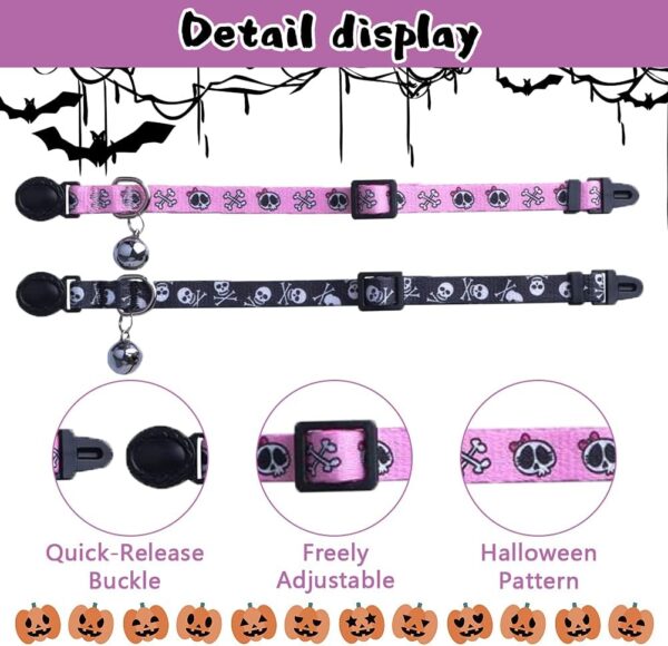 PUPTECK Breakaway Cat Collar with Bell Charm, 2 Packs Adjustable Kitty Collars Pink & Black Skull Pattern, 7.8-11.8 in - Image 2