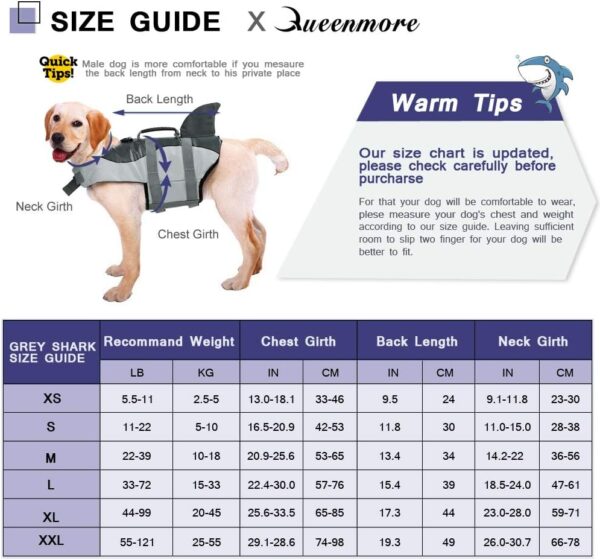 Queenmore Dog Life Jacket Ripstop Shark Dog Safety Vest Adjustable Preserver with High Buoyancy and Durable Rescue Handle for Small,Medium,Large Dogs, Grey Shark Small - Image 3