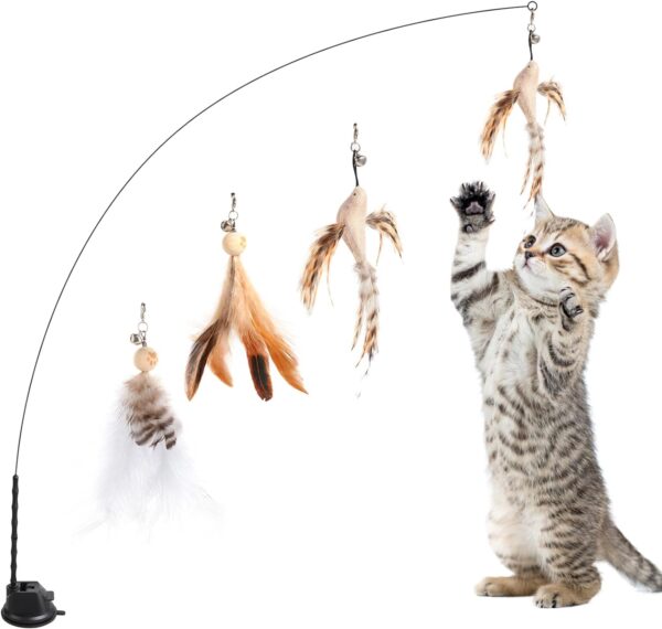 Cat Wand Toys, Auto Interactive Cat Toys with Suction Cup, 35” Flexible Steel Wire and 3 Nature Feather Refills with Bells, Cat Teaser Toy for Indoor Cats Kitten to Play Chase Exercise