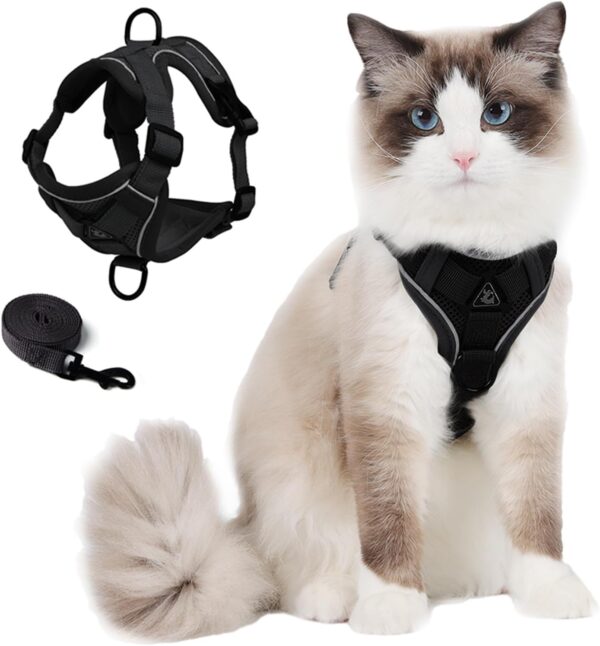 Cat Harness and Leash Set: Upgraded Escape Proof Vest with Lead for Large Cat Small Dog Puppy Walking, Soft Jacket Reflective Strips, Black (M)