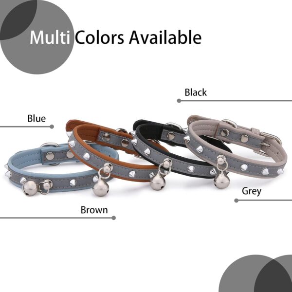 Cat Collar with Bell - Reflective and Adjustable PU Leather Rivets Studded Sturdy Metal Buckle for Kitten Small Pets Puppy - Black - Image 7