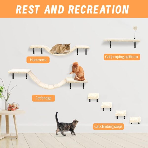 Wall-Mounted Cat Climber Set with Climbing Shelves, Perches, Bridge,Hammock,Scratching Board & Ball - 7 Pcs Wood Indoor Cat Furniture for Kittens Play (Dark Grey) - Image 6