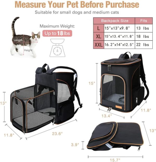 Lekereise Large Cat Backpack Carrier Expandable Pet Carrier Backpack for Small Dogs Medium Cats Fit Up to 18 Lbs, Dog Backpack Carrier, Foldable Puppy Backpack Carrier for Travel, Hiking, Black - Image 2