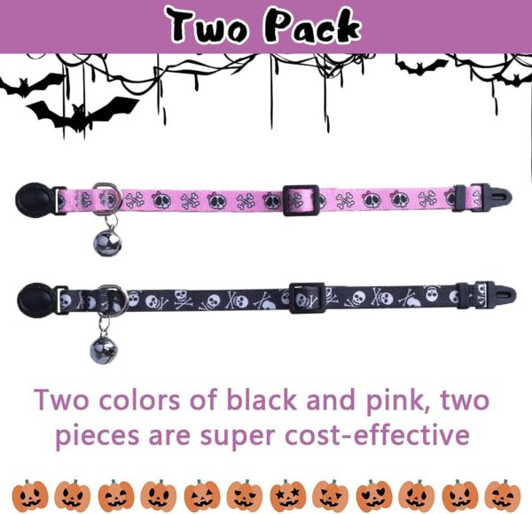 PUPTECK Breakaway Cat Collar with Bell Charm, 2 Packs Adjustable Kitty Collars Pink & Black Skull Pattern, 7.8-11.8 in - Image 6