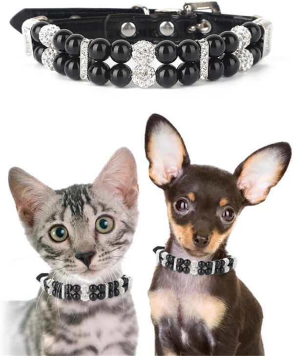 Black Pearl Small Dog Collar, Pearl Cat Collar PU Leather Male Dogs Necklace with Crystal Diamond Rhinestone Jewlled for Puppy Kitten XS Small Medium Dogs Wedding & Birthday Gift S