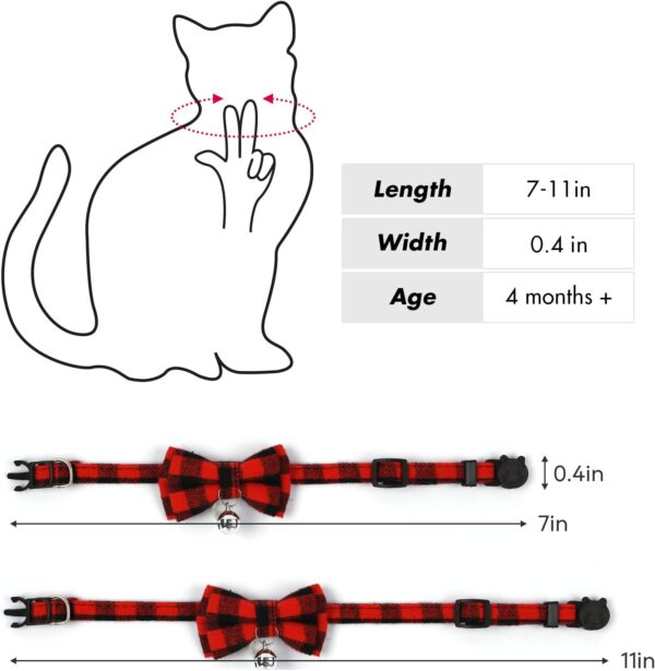 Breakaway Cat Collar with Cute Bow Tie and Bell, BuntyJoy Cat Collars for Girl Cats and Boy Cats, Safety Kitten Collars, Stylish Plaid Patterns, Red & Green, Pack of 2 - Image 2