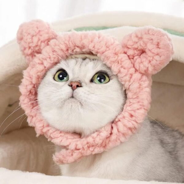 JOICEE Cute Cat Costume Warm Bear Hat for Cat Adjustable Soft Small Pet Headwear Bear Hat for Cat Puppy Dog (Pink) - Image 2