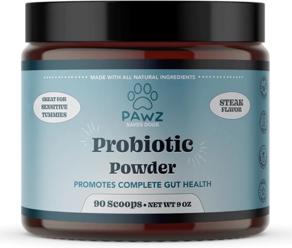 PAWZ Probiotic Powder for Dogs - 90 Scoops Steak Flavor - Promotes Gut Health and Digestion - Probiotics Supplement Support Immune System & Skin and Coat Health - Suitable for All Types of Dogs