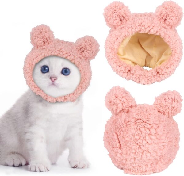 JOICEE Cute Cat Costume Warm Bear Hat for Cat Adjustable Soft Small Pet Headwear Bear Hat for Cat Puppy Dog (Pink)