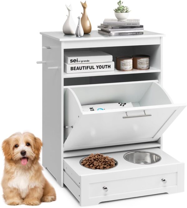 Dog Feeding Station, Dog Food Storage Cabinet w/Double Raised Dog Bowls, Pull Out Design, Large Dog Feeder Station Container for Pets Toy, Feeding & Watering Supplies (White)