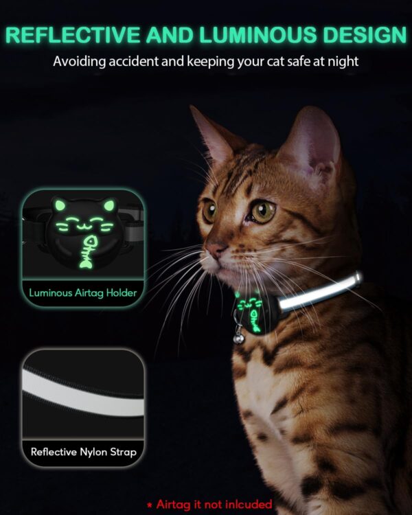 Waterproof Airtag Cat Collar, Breakaway Cat Collars with Luminous & Reflective Strap for Apple Air tag, Kitten Safety Elastic Band, Lightweight Hidden GPS Tracker Holder(Black, 9"-14") - Image 2