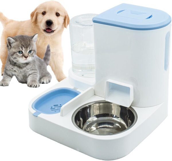 Automatic Cat Food and Water Dispenser Set 2 in 1, All-in-One Gravity Pet Feeder with Stainless Steel Cat Food Bowl Travel Auto Supply Feeder and Water Dispenser for Small Medium Cats Dogs (Blue)