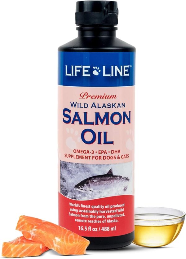 Life Line Pet Nutrition Wild Alaskan Salmon Oil Omega-3 Supplement for Skin & Coat – Supports Brain, Eye & Heart Health in Dogs & Cats, 16.5oz