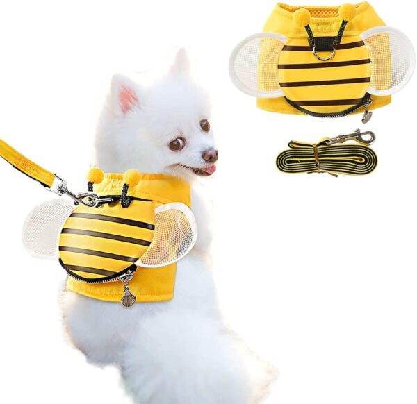 Bee Shaped Small Dog Harness and Leash Set Yellow Puppy Walking Vest with Snack Bag Cute Vest Harness with Wing for Cats Rabbits Small Dogs (A, Small)