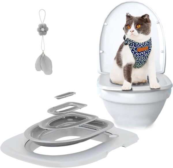 Cat Toilet Training Kit,Cat Toilet Training Systems,Reusable Plastic Cat Toilet Trainer for Pet Cleaning with 1 Replaceable Cat Feather Toy,Litter Boxes(White Tray,1 Gray Inner Support)