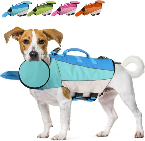 EMUST Dog Life Jacket, Lightweight Life Jacket for Dogs with Removable Frisbee & Front Float, Small Dog Floating Vest for Water at Pool, Beach, Boating, Blue, XS