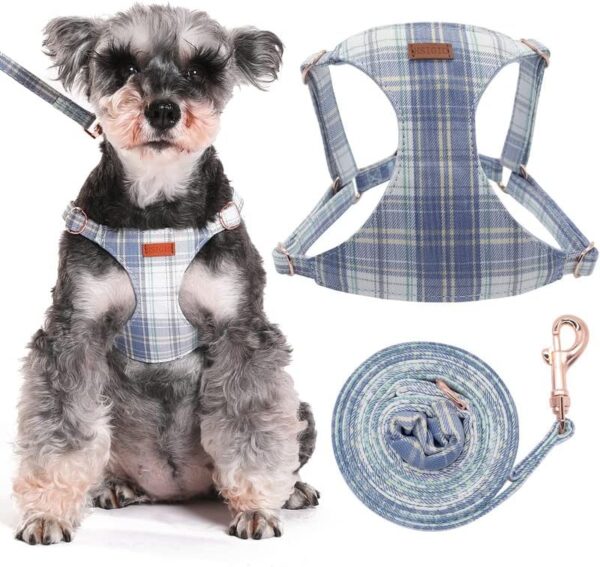 Small Dog Harness and Leash Set, Plaid Puppy Dog Harness XXS, Soft Adjustable Harness for Extra Small-Medium Pet Dogs and Cat No Pull, Blue Plaid, Small