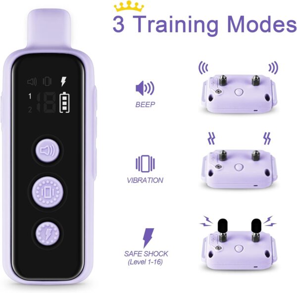 Bousnic Shock Collar for Dogs - Waterproof Rechargeable Dog Electric Training Collar with Remote for Small Medium Large Dogs with Beep, Vibration, Safe Shock Modes (8-120 Lbs) (Purple) - Image 2