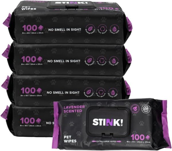 Stink! Plant Based Pet Wipes - Biodegradable - Dirt and Odor Control - Grooming Wipes for Easy Cleaning on Paws Body and Bum - Lavender Scented - 8" x 8" - 400 Count