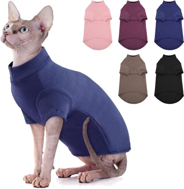 SUNFURA Turtleneck Sweater for Cat, Sphynx Cats Shirt Hairless Cat Sweaters with Sleeves, Warm and Soft Kitten Pullover Fleece Winter Pajamas Jumpsuit for Puppy Cats, Navy S