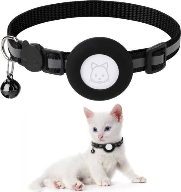 Airtag Cat Collar with Breakaway Bell, Reflective Adjustable Strap with Air Tag Case for Cat Kitten (Black)