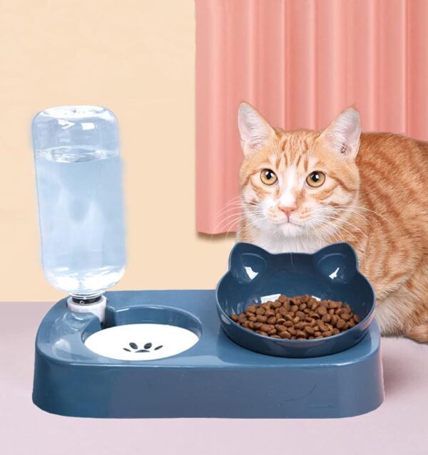 Cute Food Bowl and Water Bowl Set for Cats.Tilted Raised cat Food Bowl for Indoor Cats,Automatic Drinking Flowing Water Bowl for Cats.Detachable Elevated cat Bowl Stand.（Blue）