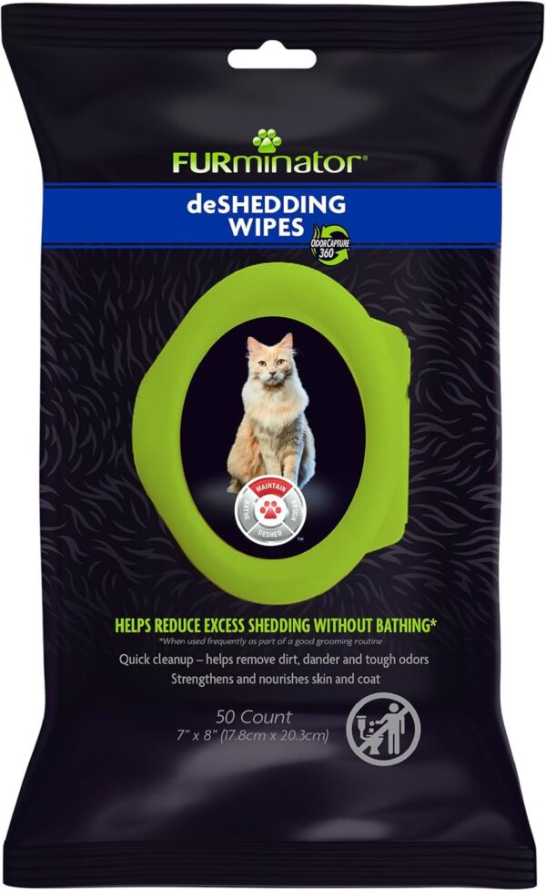 Furminator DeShedding Grooming Wipes for Cats Refresh and Deodorize Coat without Bathing, 50 Count