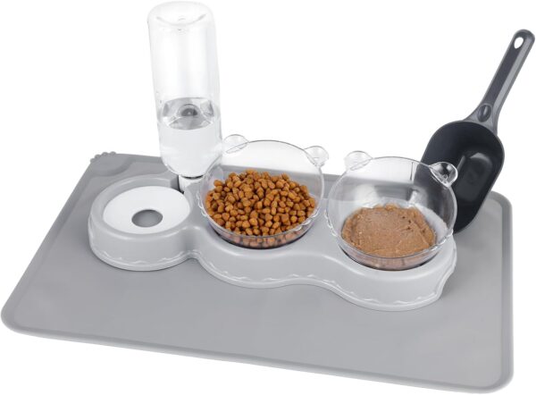 Cat Food and Water Bowl Set, Cat Food Bowls with Automatic Water Bottle and Pet Bowl Mat Scoop Elevated Wet and Dry Food Dish Feeder and Water Dispenser for Kitten and Puppy Small Dogs