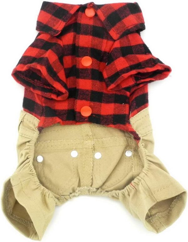 SMALLLEE_LUCKY_STORE Pet Clothes for Small Dog Cat Red Plaid Shirts Sweater with Khaki Overalls Pants Jumpsuit Outfits S - Image 2