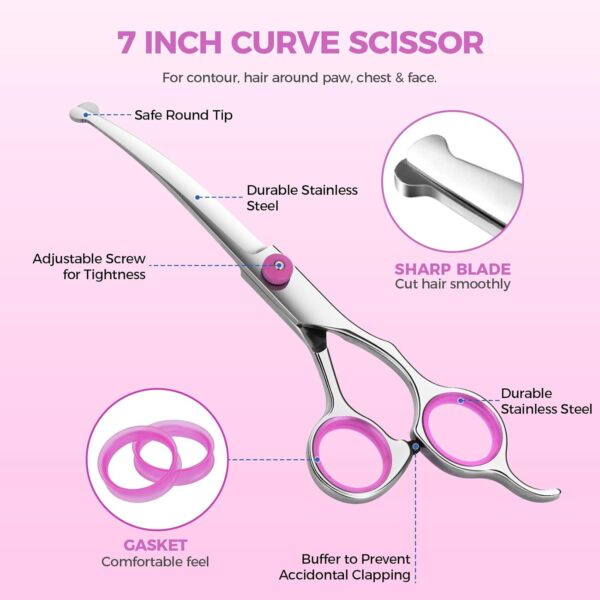 Maxshop Dog Grooming Scissors with Safety Round Tips, Heavy Duty Titanium Pet Grooming Trimmer Kit, Professional Thinning Shears, Curved Scissors with Comb for Dogs and Cats (Pink Set of 3) - Image 3