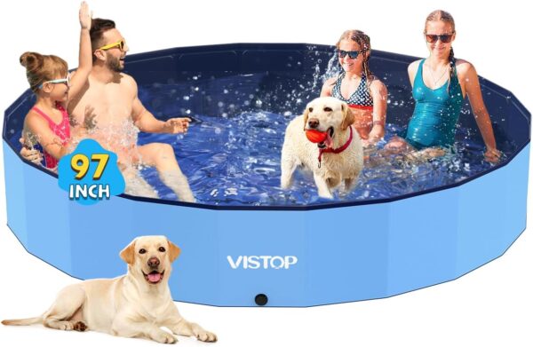 VISTOP Jumbo Foldable Dog Pool, Hard Plastic Shell Portable Swimming Pool for Dogs Cats and Kids Pet Puppy Bathing Tub Collapsible Kiddie Pool (97inch.D x 15.7inch.H, Blue)