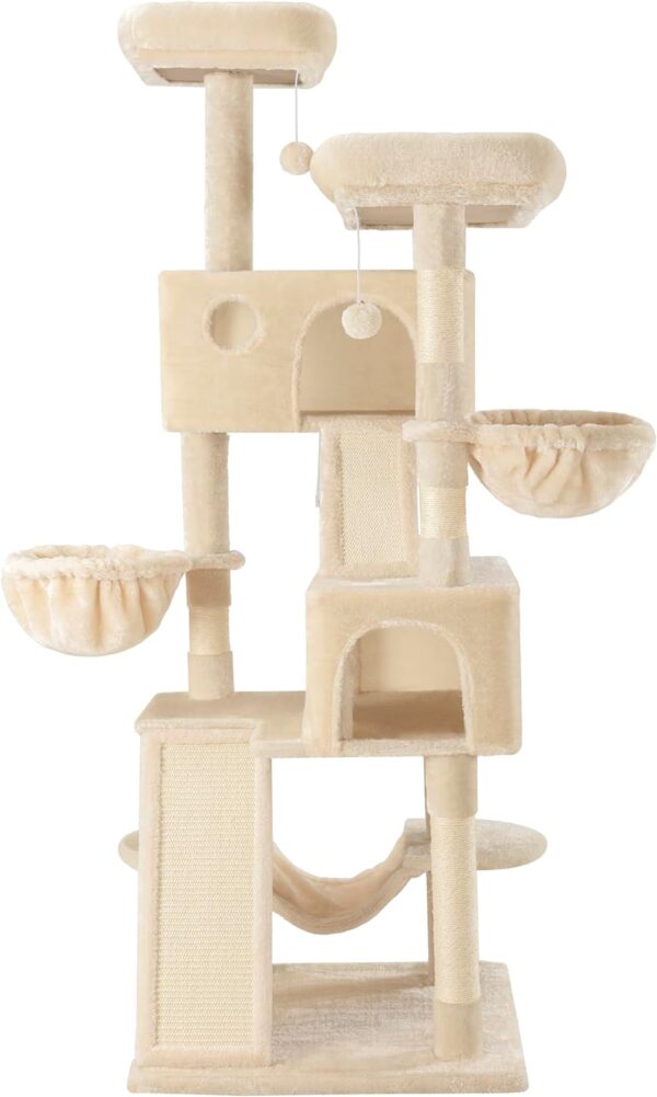 SHA CERLIN 65in Larger Cat Tree Tower Condo for Indoor Cats, Multi-Level Furniture Activity Center with Wide Base/Cozy Plush Cat Perches/Baskets/Sisal Scratching Posts and Hammock/Beige - Image 9